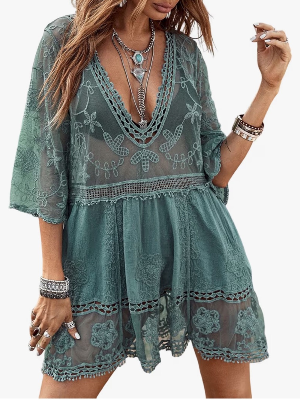 Green Floral Print Embroidered Beach Cover-Up Dress